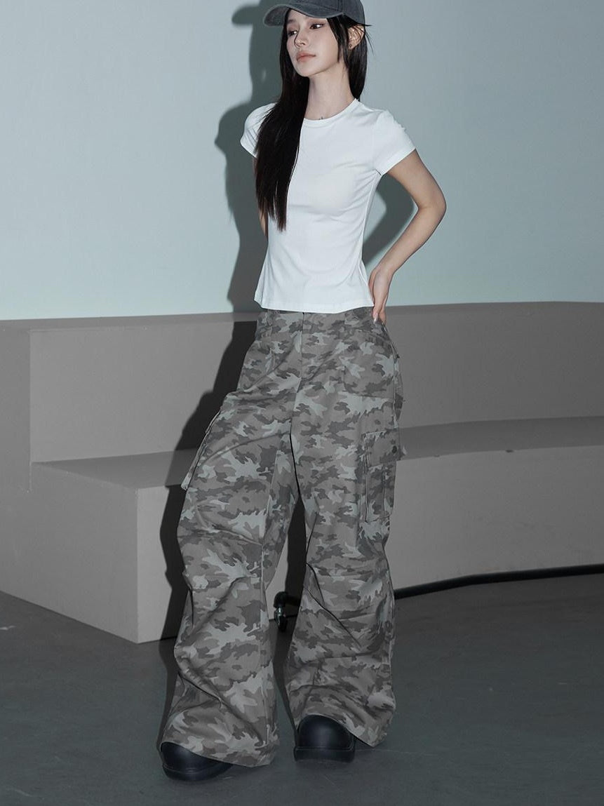 CrushOnit Versatile Camouflage Cargo Natural Waist Stretch Cotton Wide Leg Pants