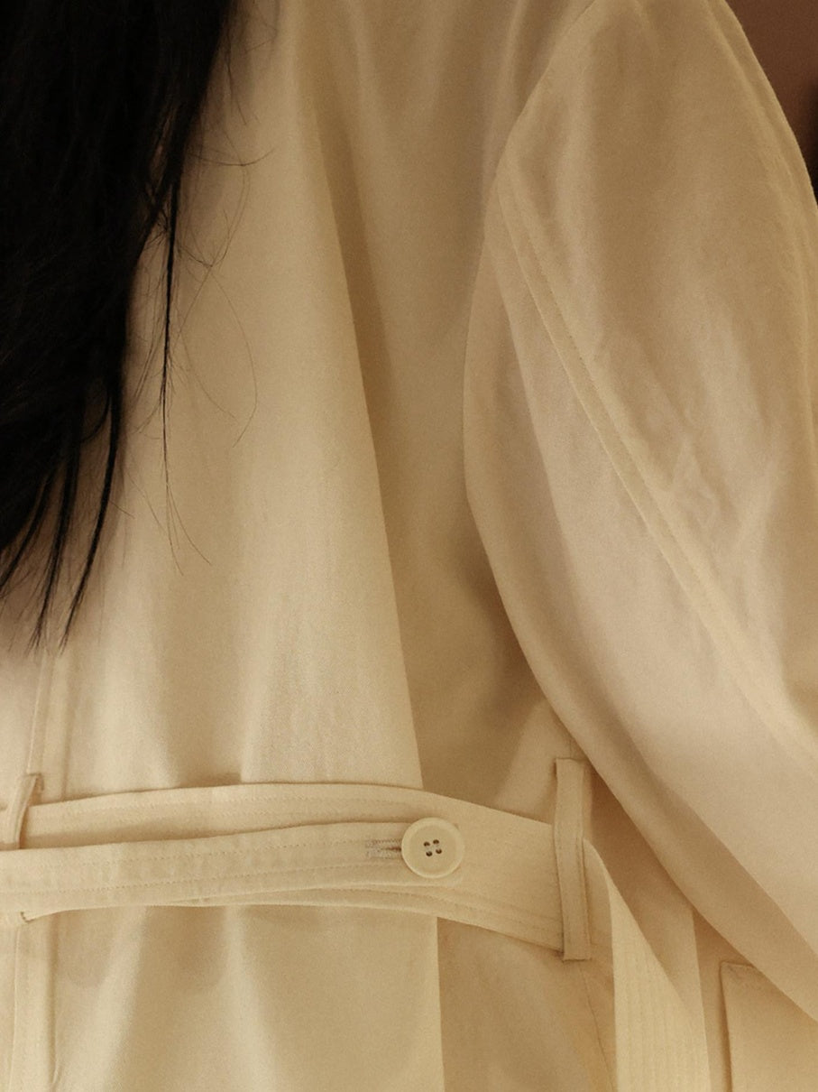 Miroment Elegant Wool Blend Double Breasted Tailored Midi Women Cream Long Trench Coat