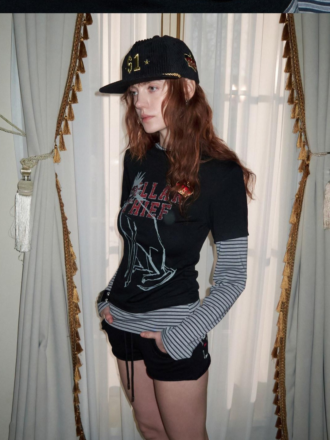 1JINN STUDIO Faux Layered Casual Letter Print Round Neck Women Black Long Sleeve T-Shirts