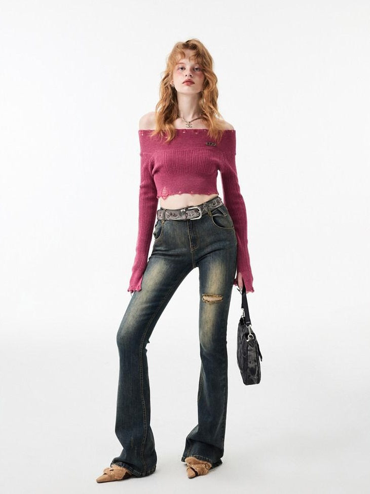 1JINN STUDIO Vintage Faded Thick Denim Slim Natural Waist Women Straight Leg Jeans