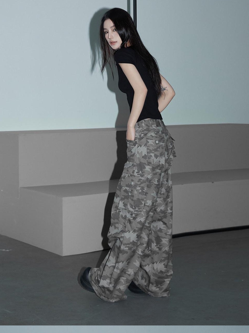 CrushOnit Versatile Camouflage Cargo Natural Waist Stretch Cotton Wide Leg Pants