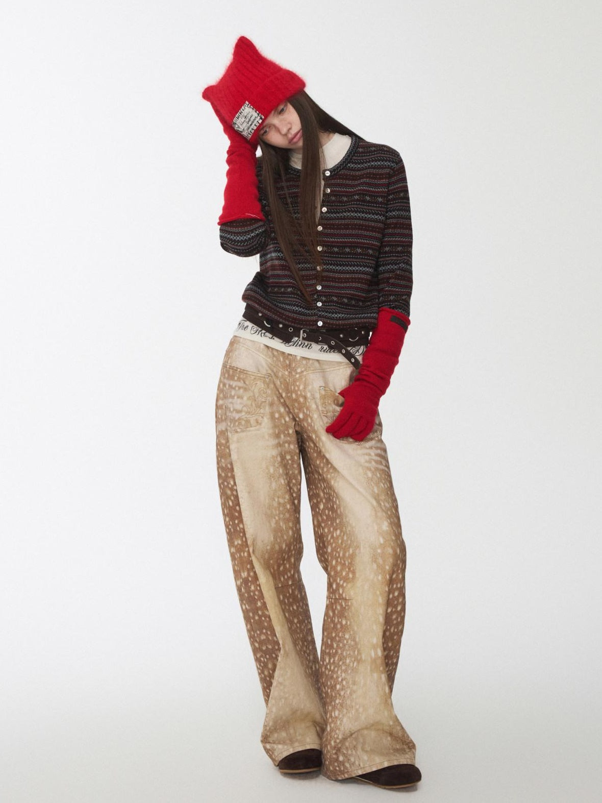 1JINN STUDIO Embroidered Low Waist Vintage Loose Fit For Women Deer Print Wide Leg Pants